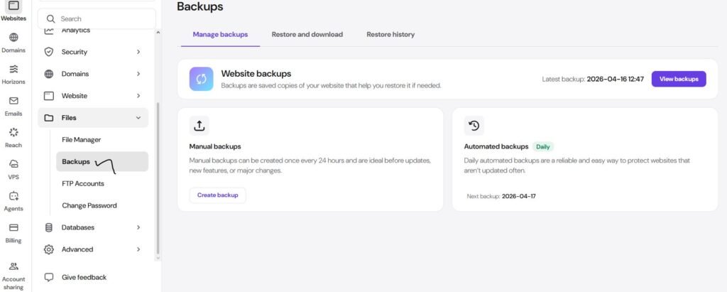 Hostinger hpanel automatic daily backups guide